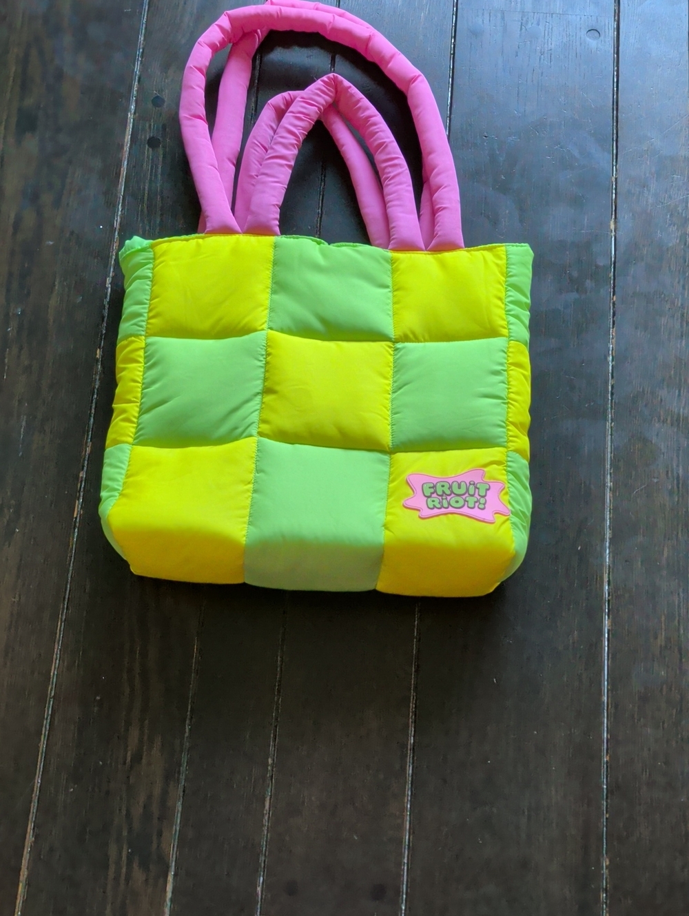 Checkerboard Tote Bag in Yellow & Green with Pink Handles